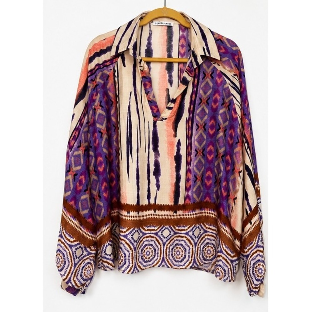 Tempo Paris Silk Blend Boho Ikat Print Blouse Purple Tan XL Made in Italy 7365